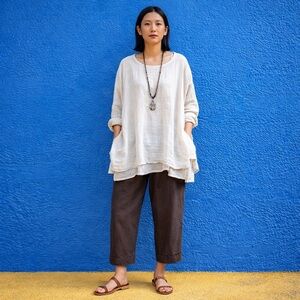 EILEEN FISHER WASHED LINEN TWILL BROWN WIDE LEG TROUSERS SIZE XL NWT